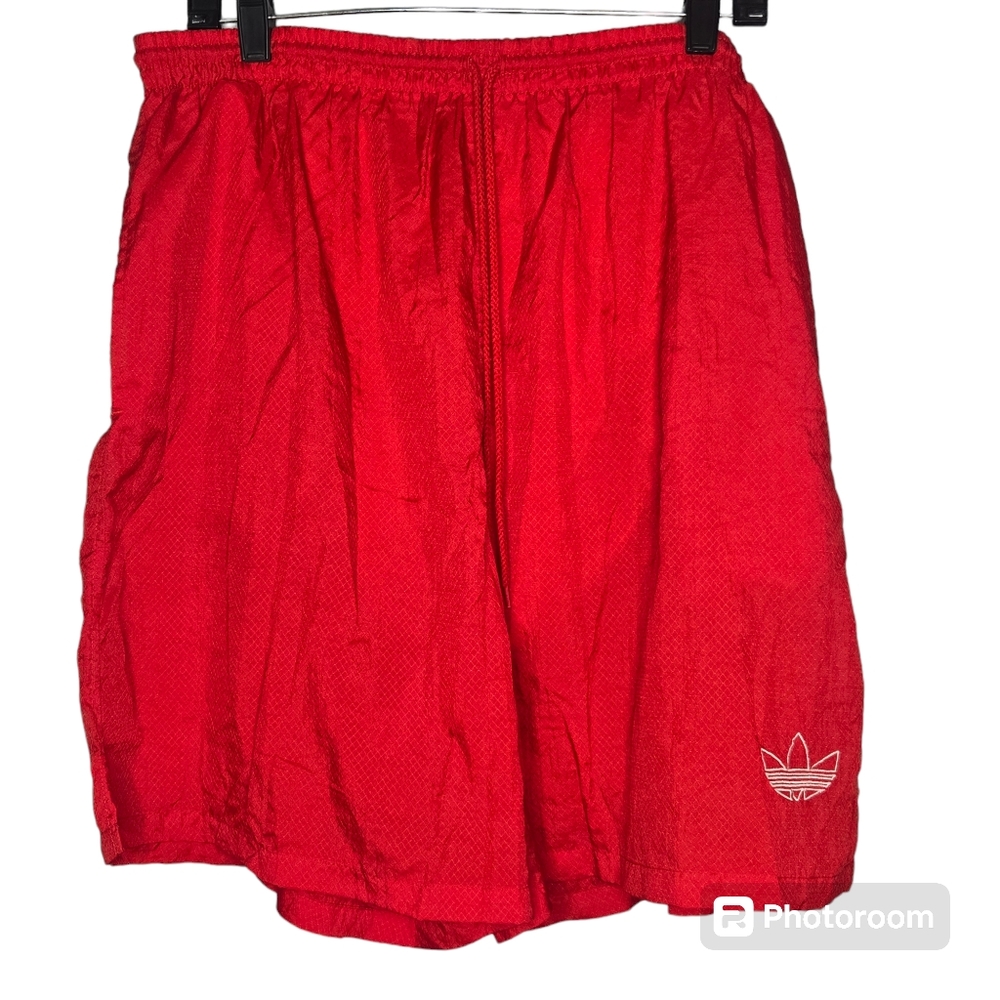 Vintage Adidas Nylon Windbreaker Red short Swim Trunk trefold logo lined size XL